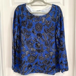 Talbots Floral Blue Black Long Sleeve Round Neck Blouse Top Women 1X NWT Cotton